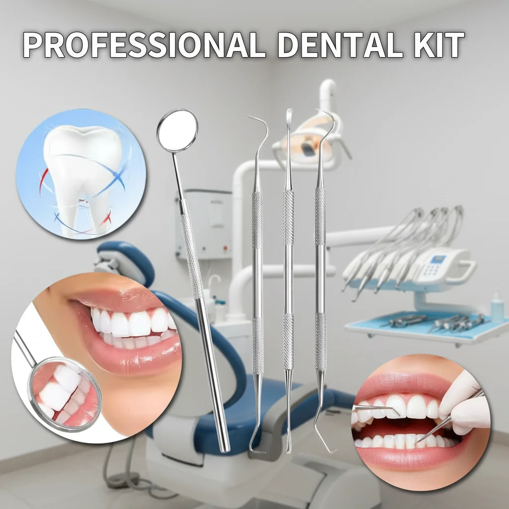 Stainless Steel Oral Hygiene Tooth Tool Kit With Mouth Mirror, Scaler & Pick Tools, Non-Slip Patterned Handle Teeth Cleaning Kit