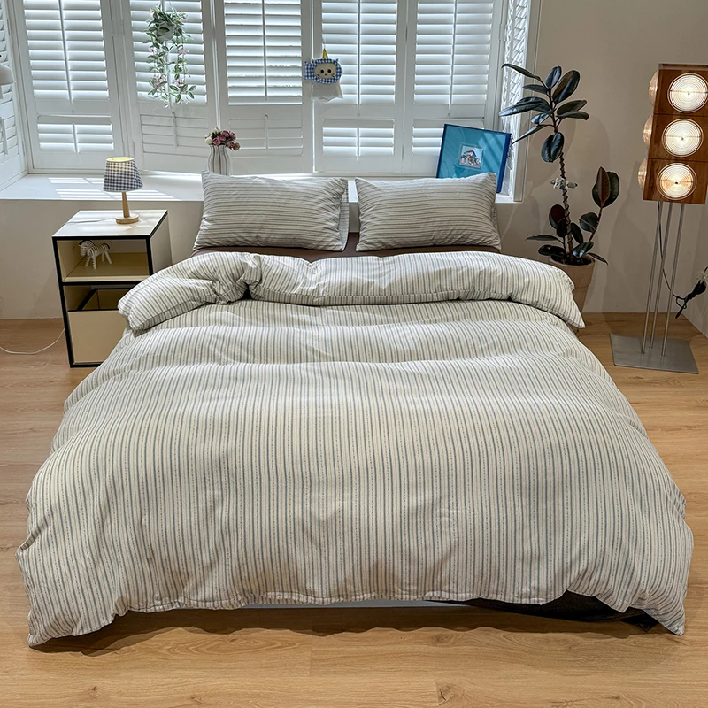 New Striped 100% Washed Cotton Bedding 3/4pcs Set Ultra Soft Skin-friendly Duver Cover Set Multi-Size Bed Linen Bed Sheet Set