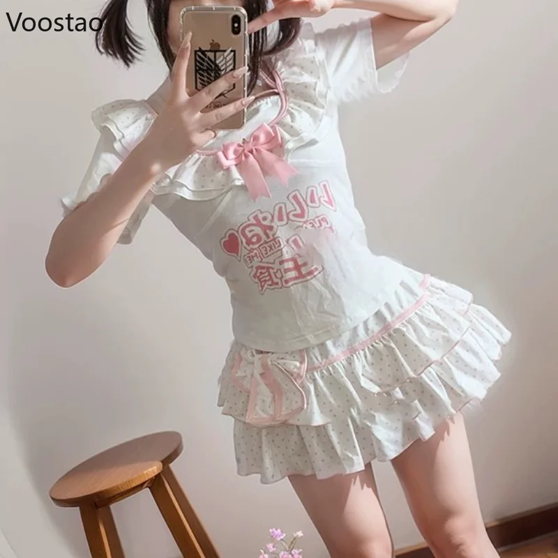 Sweet Lolita Style Skirt Set Women Grunge Cartoon Print T-Shirt Cute Bow Mini Cake Skirt Suit Girls Korean Kawaii Y2k Outfits