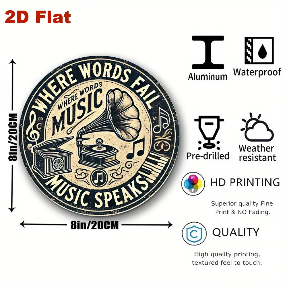 1pc Where Words Fail Music Speaks Gramophone Aluminium Sign Retro Music Metal Wall Art for Music Studio Living Room