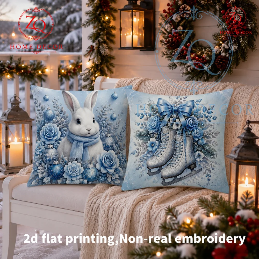 Elegant icy blue holiday cushion cover with cute scarf-clad rabbit rose  bauble decor perfect  winter porch seasonal decor