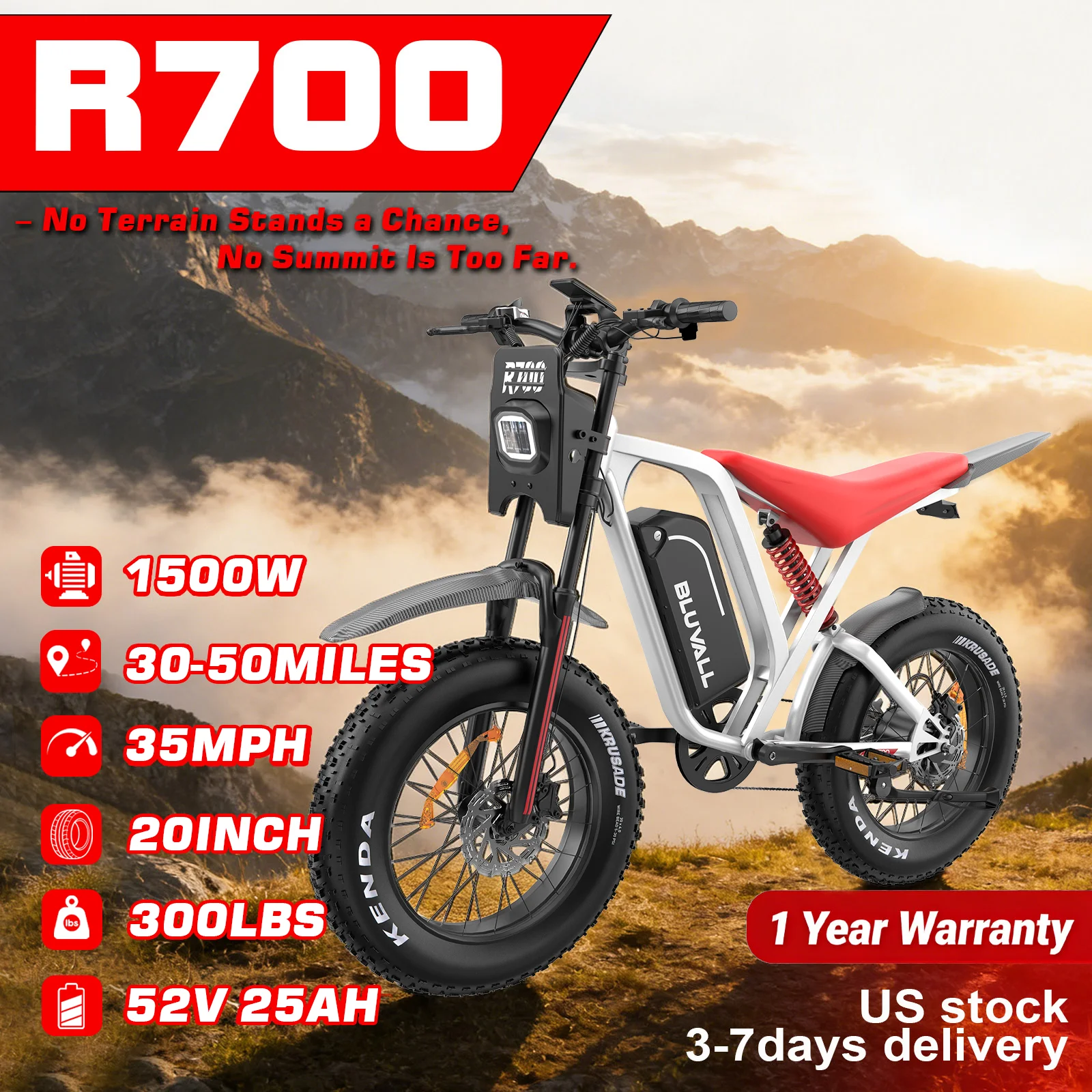 

Adults Electric Mountain Bike 1500W Motor 52V 25Ah Removable Battery 20" Fat Tire All Terrain EBike Moped for Men US Local Stock