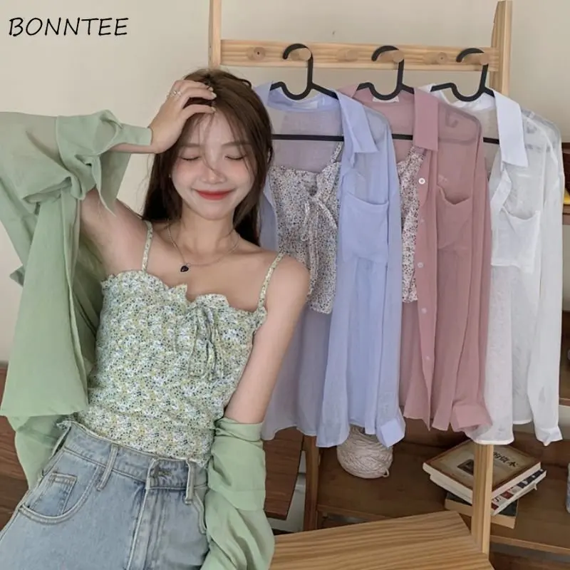 Sets Women Summer Lovely Sun-proof Tender Solid Thin Shirts All-match Holiday Sweet Preppy Style Ins Female Camisole Ulzzang Y2k