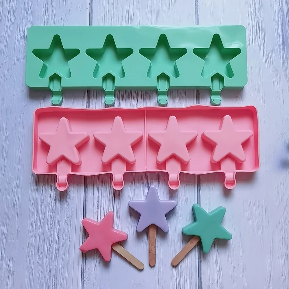New 4 five-pointed star Heart Popsicles Mold Non-stick Silicone Ice Cream Molds Homemade DIY Dessert Juice Ice-Pop Mould fo