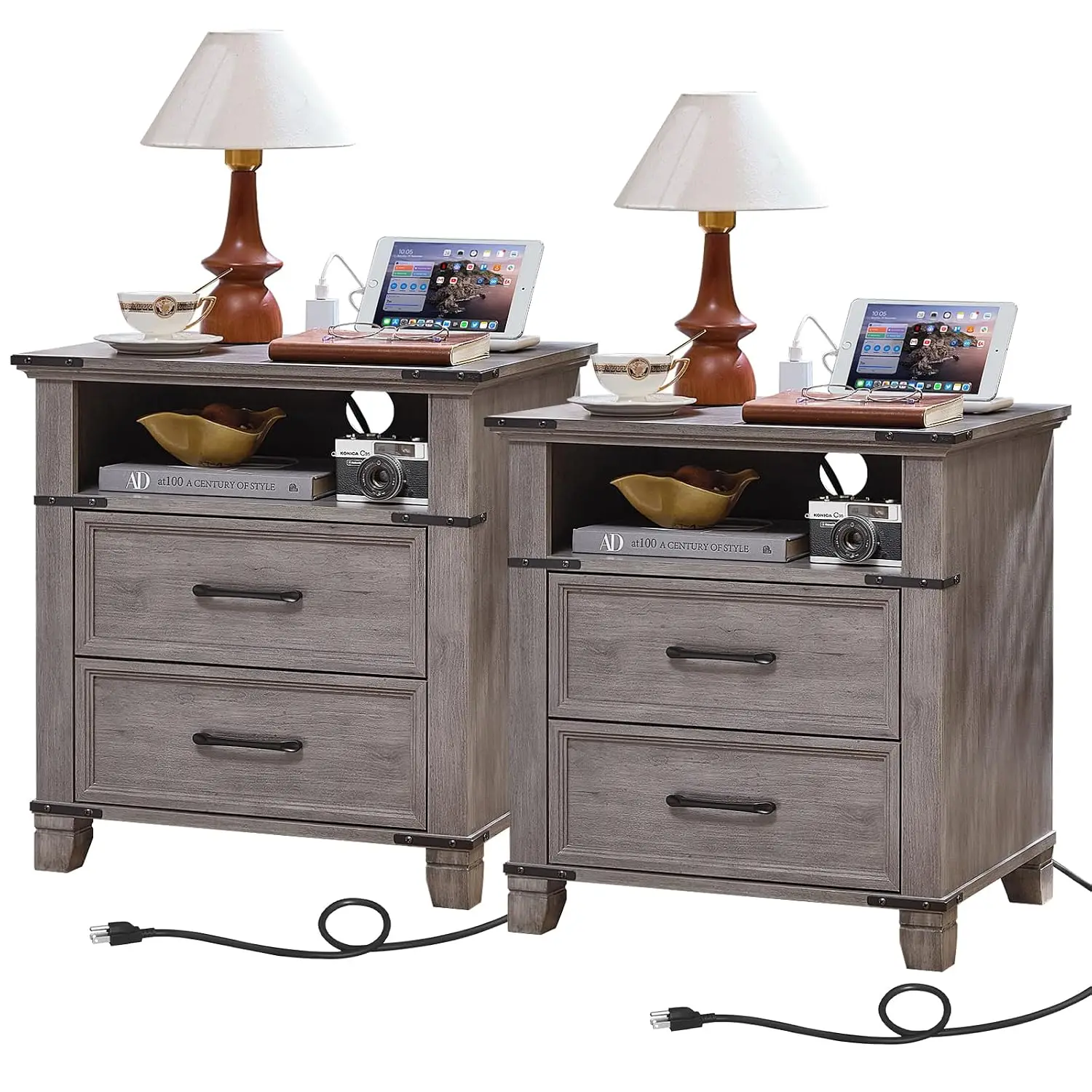 Farmhouse Nightstand Set with Charging 8