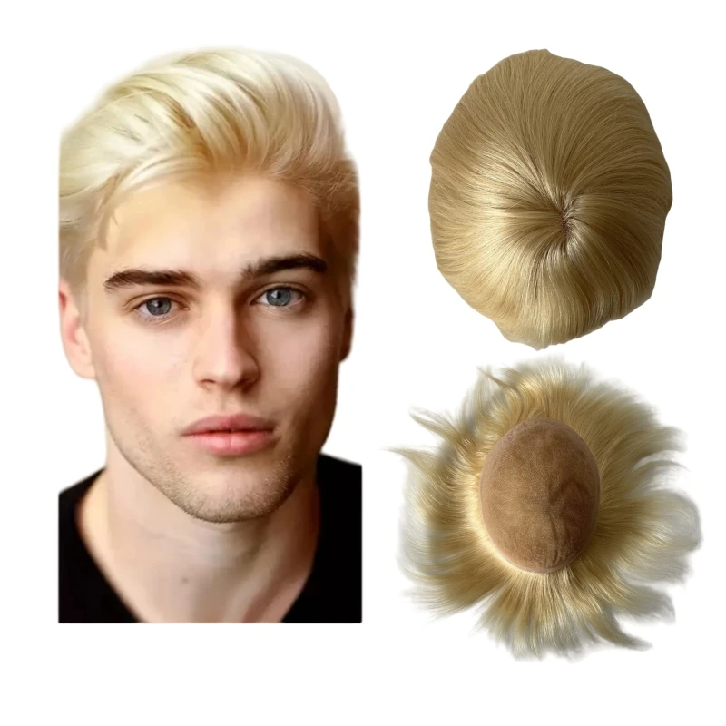 

Chinese Virgin Human Hair Hairpiece Blonde Color 613# Silky Straight 8x10 Toupee Full Lace Unit for White Men