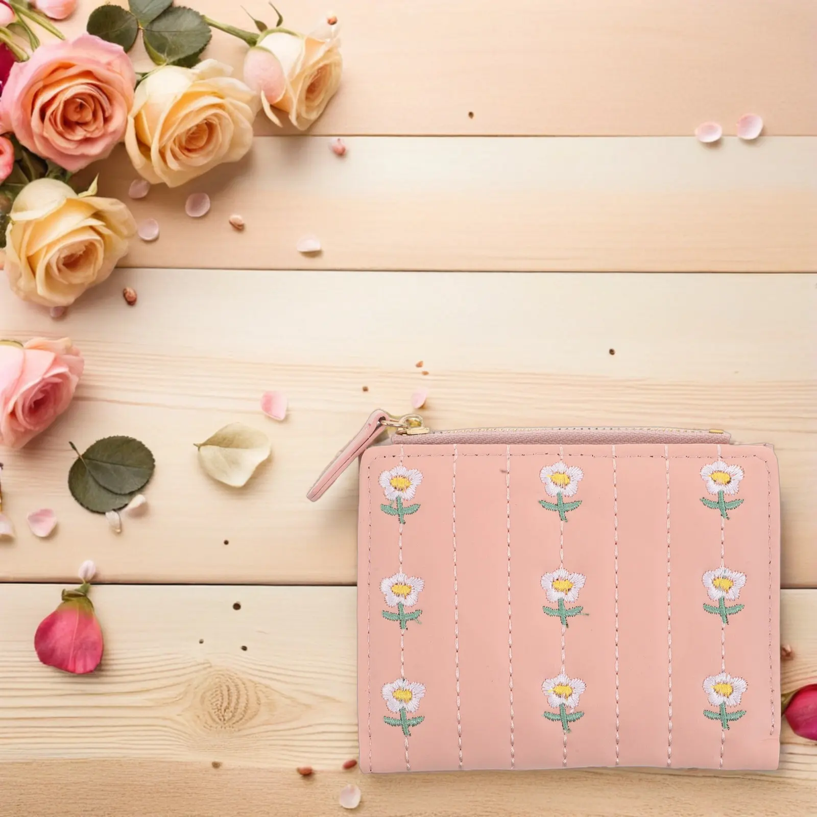 

Small Women Wallet Embroidered Floral PU Bifold Compact Cute Coin Purse Card Holder Zippered Change Pouch for Travel Everyday