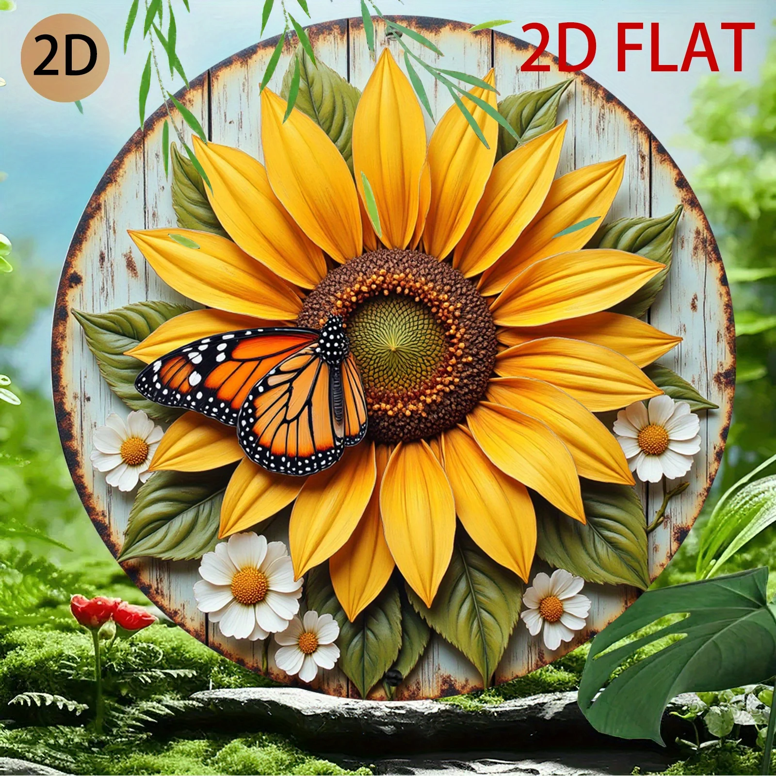 [2D Flat] Three-Dimensional Circular Wall Art Made of Rustic Metal Featuring And Daisies, Suitable for Decorating