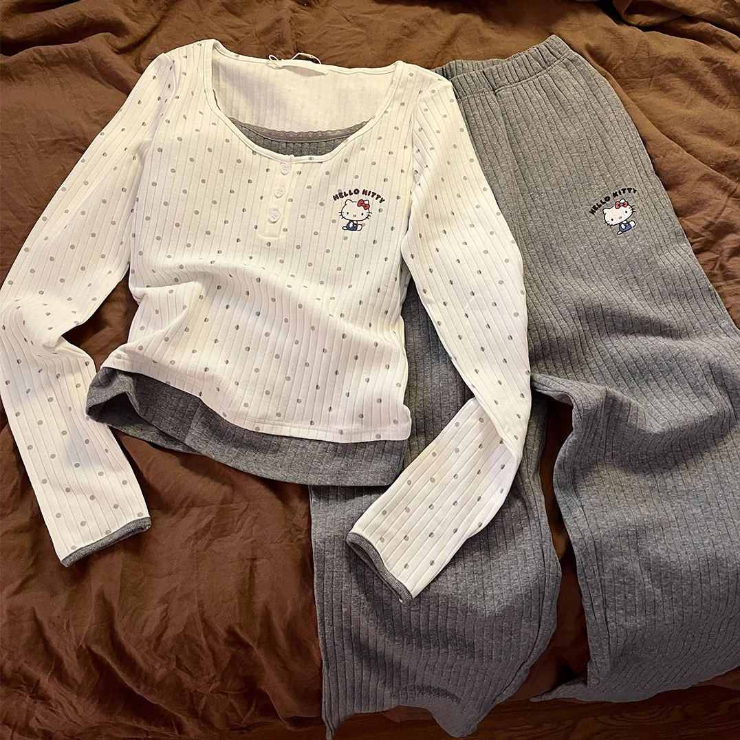 Kawaii مرحبا كيتي اللون الصدام كاذبة قطعتين وسادة الصدر حفرة المشارب طويلة الأكمام بيجامة الإناث ربيع الخريف Homewear دعوى #6