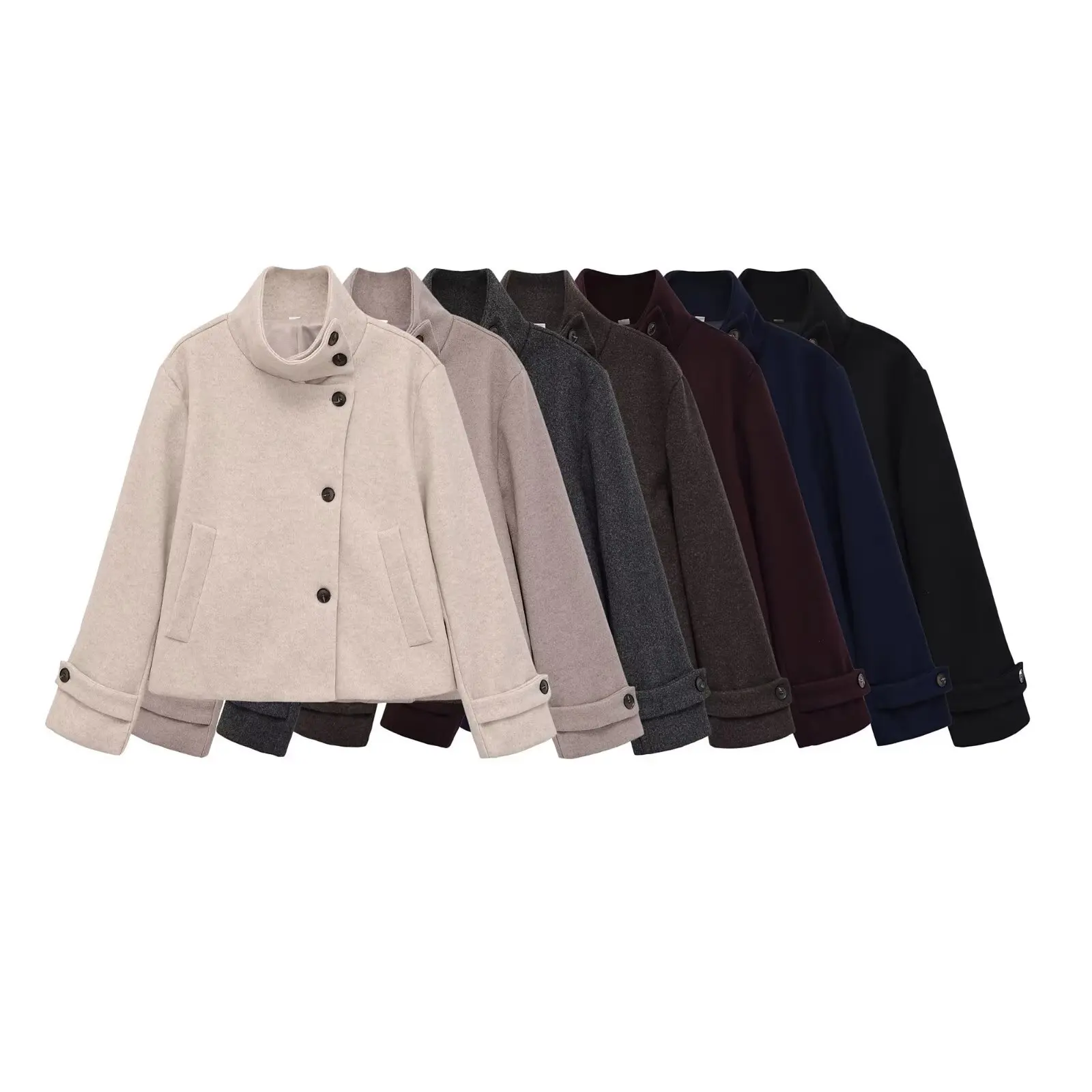 Original Sloping Single Breasted Stand Collar Woolen Coat Autumn and Winter Women's Retro Thick Warm Campus Dating Travel Jacket
