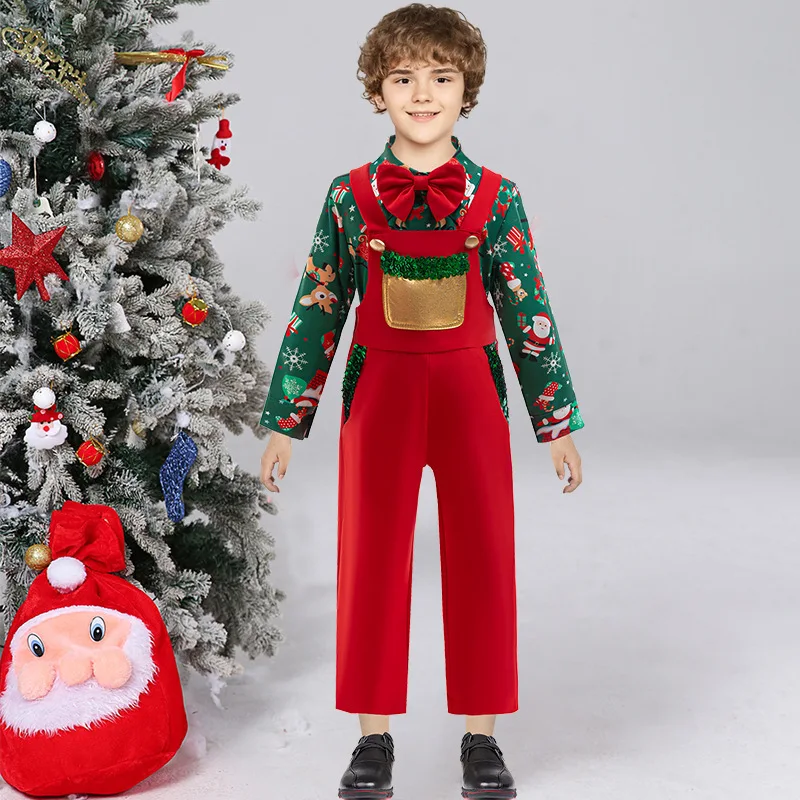 

Одежда для рождественской вечеринки с длинными рукавами, красно-белая полосатая детская одежда для мальчиков, детский бант, цветные штаны на подтяжках, вечерний костюм
