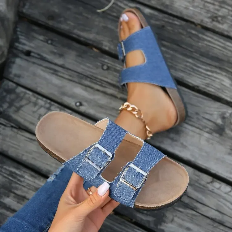 2023 New Summer Women's Cork Slippers Casual Beach Shoes Double Buckle Non-slip Denim Canvas Slip on Fashion Slippers Soft Sole