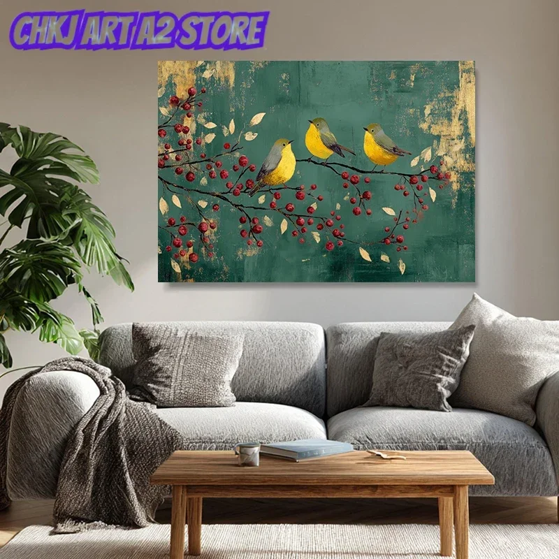 Birds on Branch Red Berry Vintage Nature Botanical Poster and Prints Canvas Painting Wall Art Pictures Home Decor Cuadros