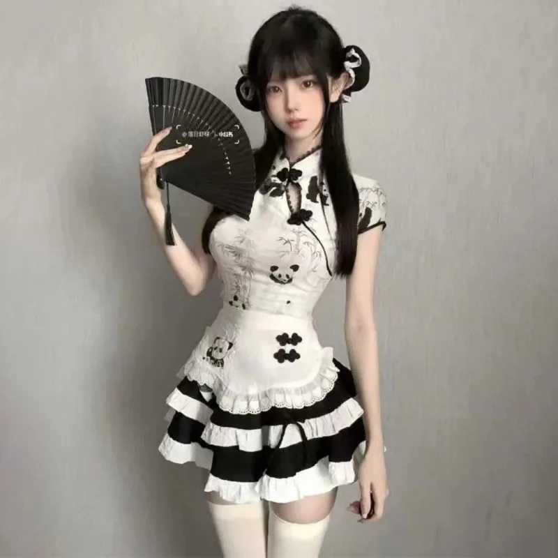 Chinese Lolita Dress Vintage Sweet Kawaii Assymmetrical Qipao Top + Ruffles Skirt + White Apron Cute Lolita Style Clothing