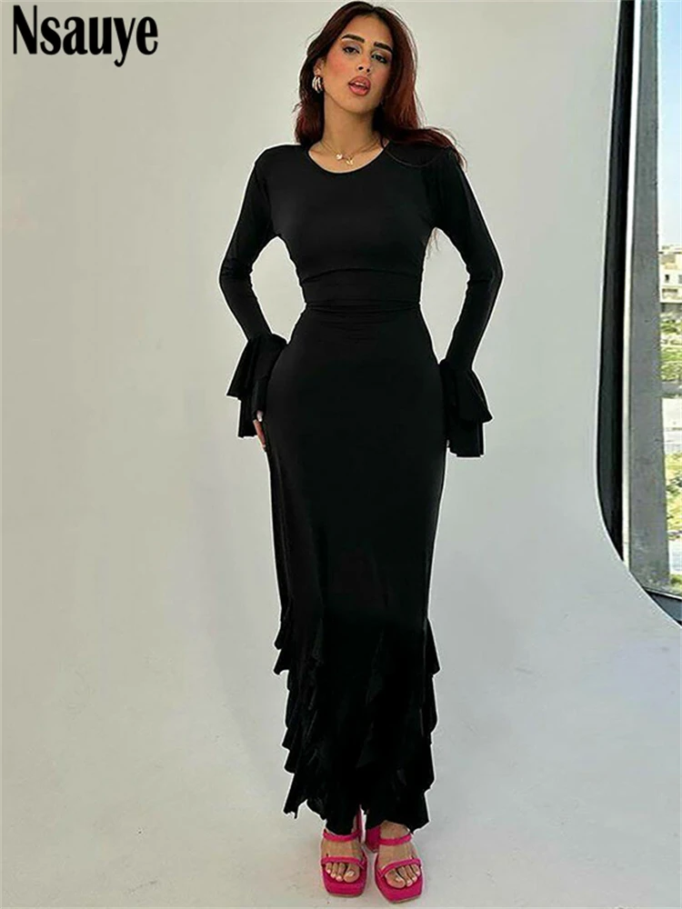 Nsauye Autumn Women New Fashion Sexy Ruffles Long Sleeve Elegant Maxi Dress Bodycon Black Party Holiday Lace Up Club Dress 2024