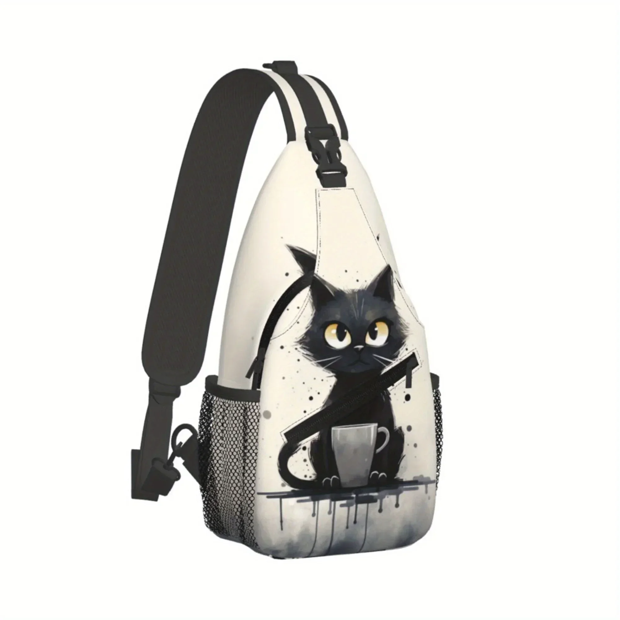Custom Big-Eyed Cartoon Black Cat With Universal Casual Bucket Bag, Durable Polyester Material, Stylish And Versatile Crossbody