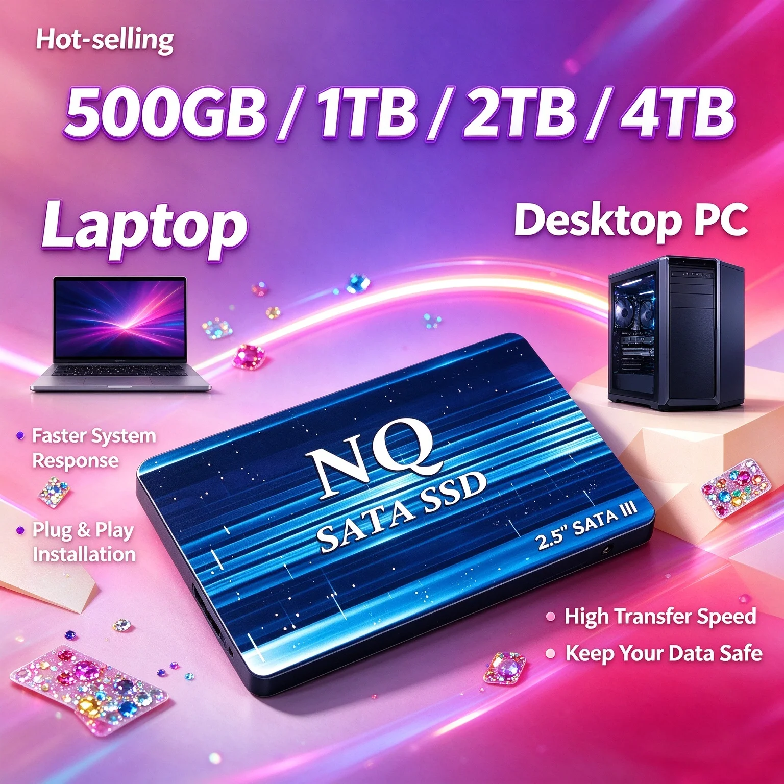 NQ Internal 2.5 Inch SSD Solid State Drive 500GB 1TB 2TB 4TB High Speed Shock Resistant Disk for Laptop Desktop Notebook