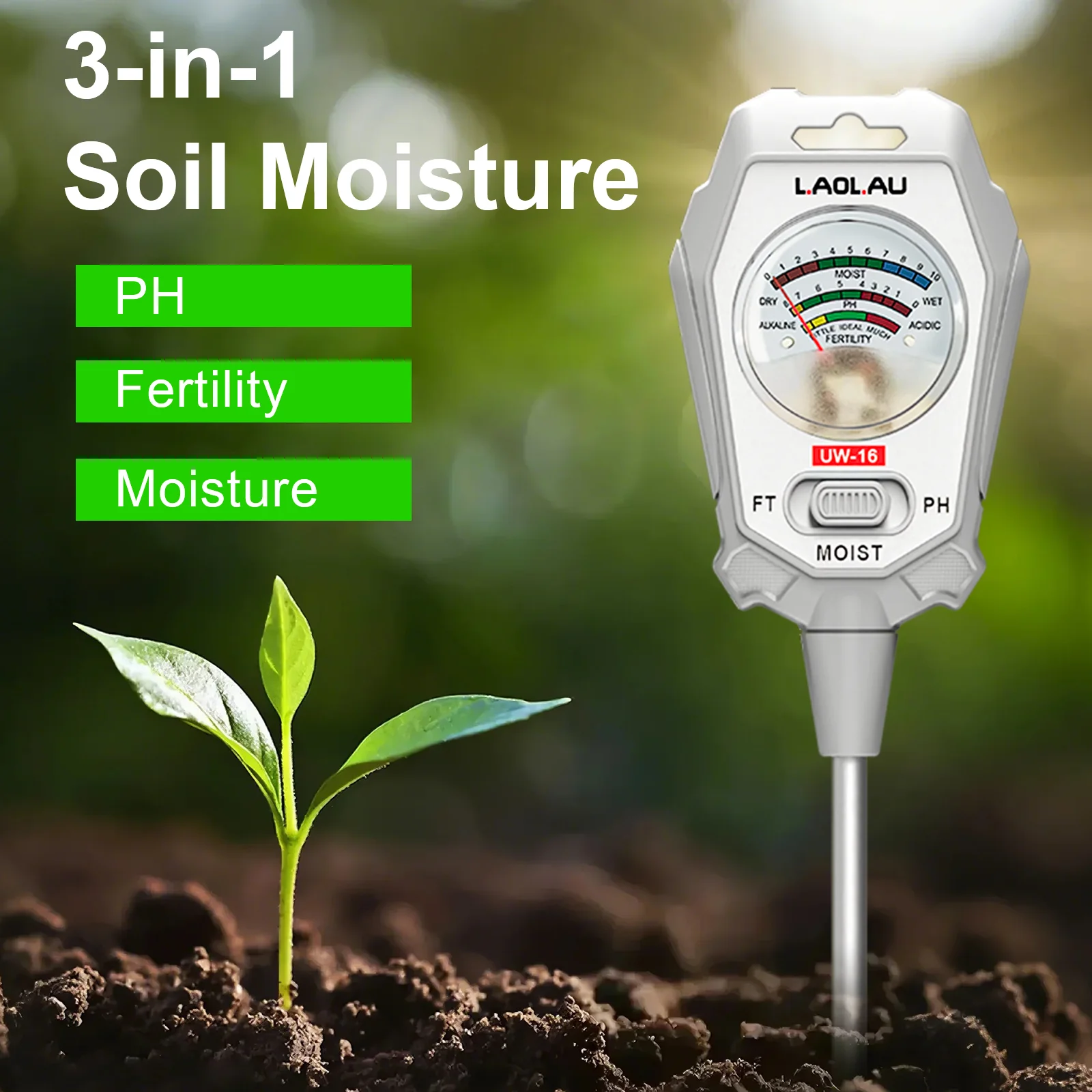 3-in-1 PH-Messgerät Bodenfeuchtemessgerät Sensor Fruchtbarkeitstestgerät für die Feuchtigkeit/Rechtbarkeit/PH-Tests von Innen-/Außen-Gartenpflanzen