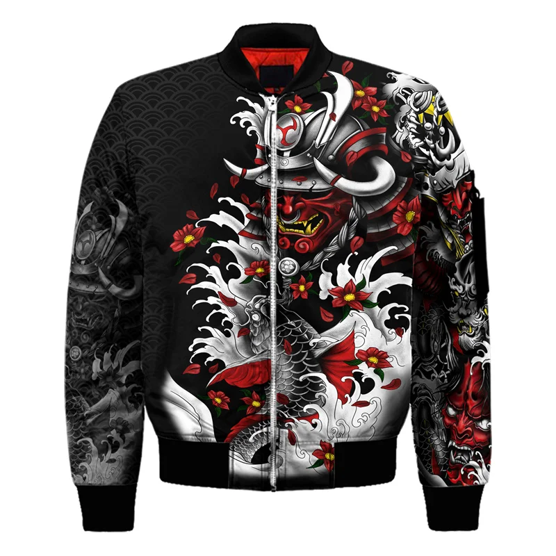 3D Printed New Samurai Oni Mask Tattoo Mens Bomber Jacket Casual Spring Autumn Vintage Zipper Jacket Unisex Clothing Streetwear