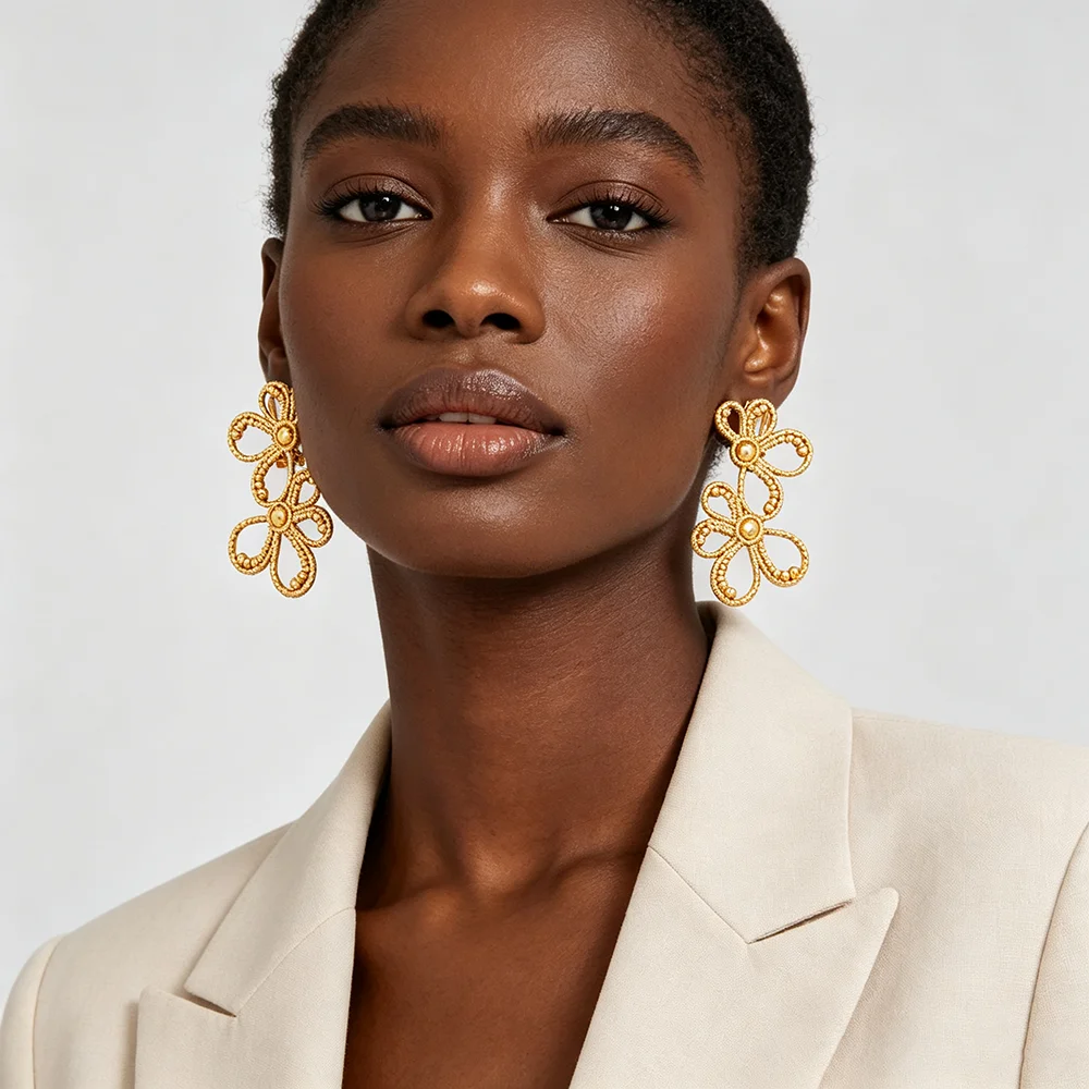 Women's 18K Gold Plated Double Flower Dangle Earrings & Ring Set