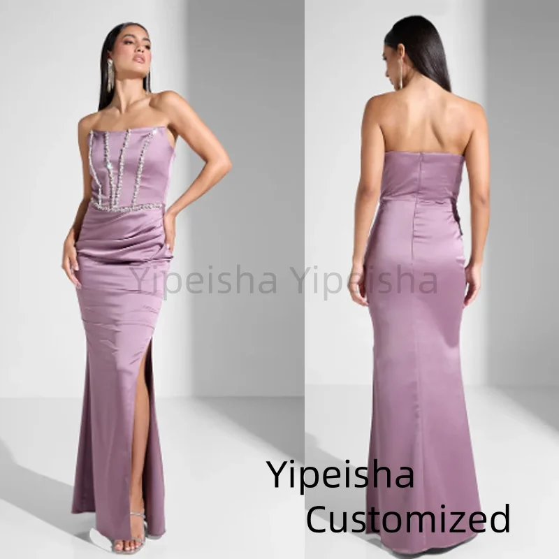 

Customized Modern Style Exquisite Charmeuse Rhinestone Beading Sequined Side Slit Strapless Bespoke Occasion Dress