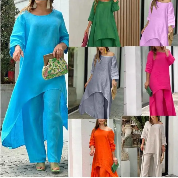 

Women's Cotton Linen plus Size Long Sweater Suit Casual Sle Tee-piece Set Winter Faion Ensemble No Brand Registered