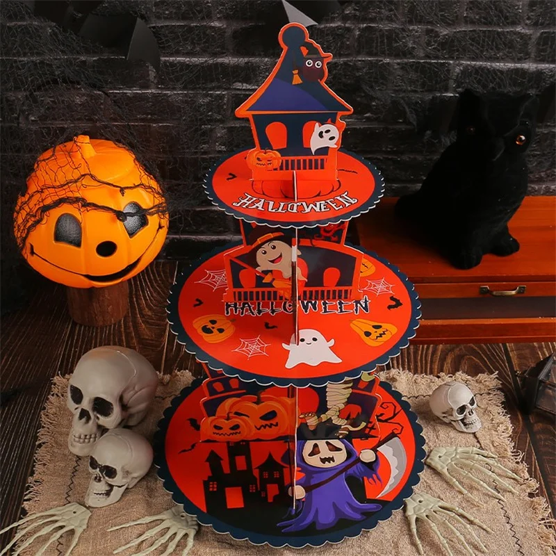 Halloween Pumpkin Multi-tier Cake Stand Decoration 3D Paper Cake Tray Party Christmas Treats Setting Cake Tools
