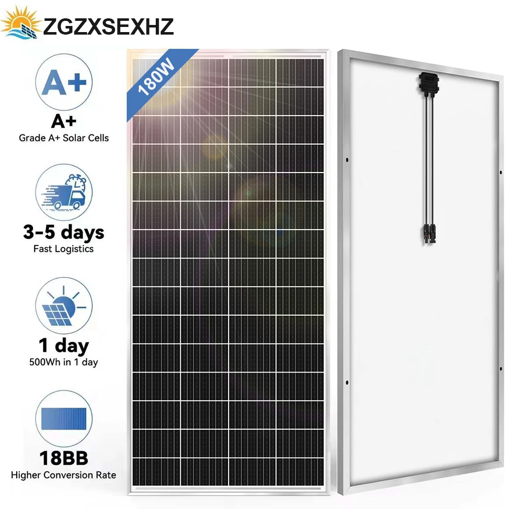 ZGZXSEXHZ 180 W, 18 V, panel słoneczny z ogniwami monokrystalicznymi, moduł słoneczny o wysokiej wydajności, do ładowania akumulatorów w przyczepach kempingowych