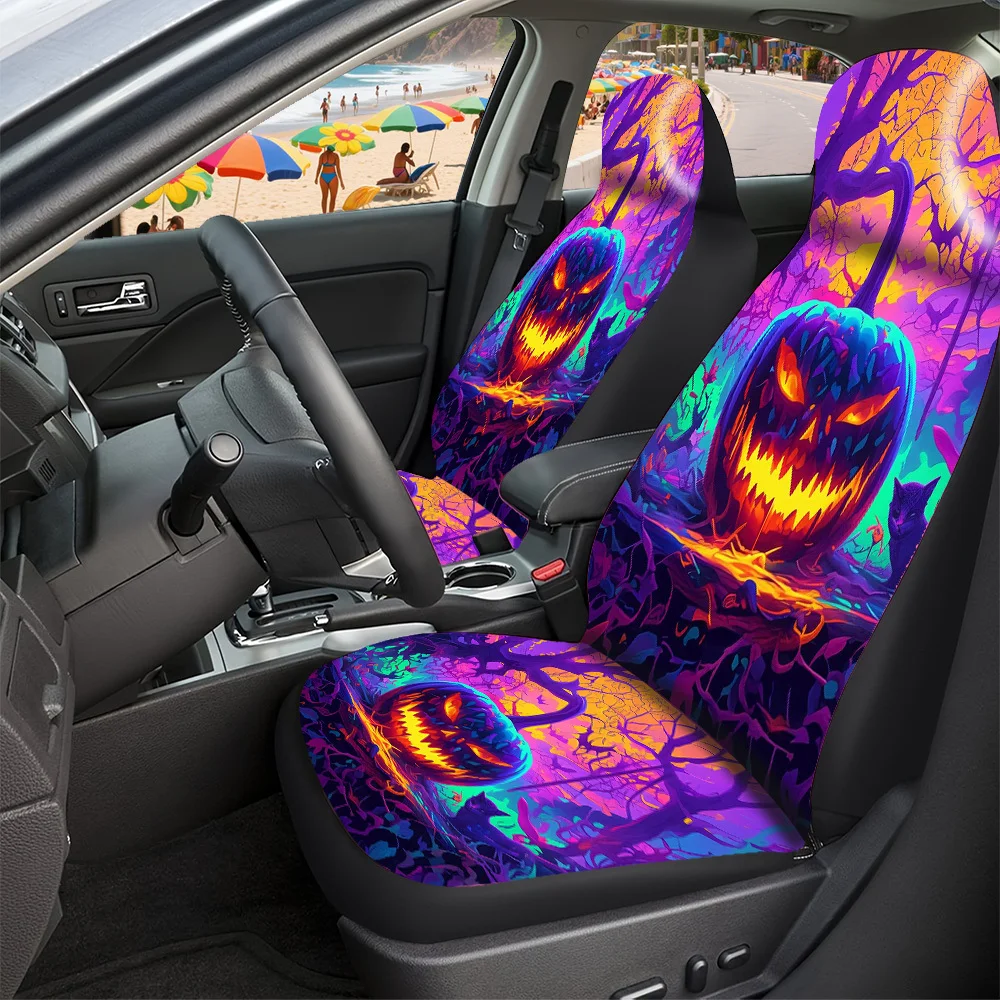 Halloween Neon Glow-in-the-Dark Car Seat Covers With Jack-o'-Lantern & Black Cat Print - Fit For Cars & SUVs, Neon Green/Purple/