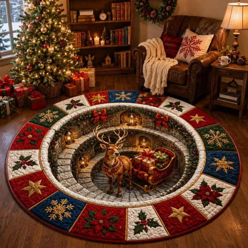 Christmas Round Rug 3D Optical Illusion Reindeer Gnome Xmas Gift Snowflake Pattern for Home Holiday Living Room Floor Mat Decor