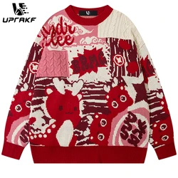 Uprakf-Pull patchwork imprimé dragon dessin animé, pull tout match, streetwear tendance, hiver, automne