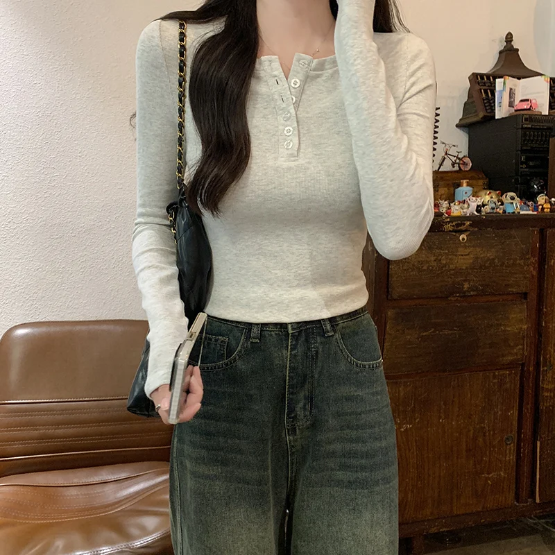 T-shirts met lange mouwen Katoen Dames Lente Gelaagde plooi Overzicht Ronde hals Ruche Student Uniform Delicaat Veelzijdig Vrouwelijk OL