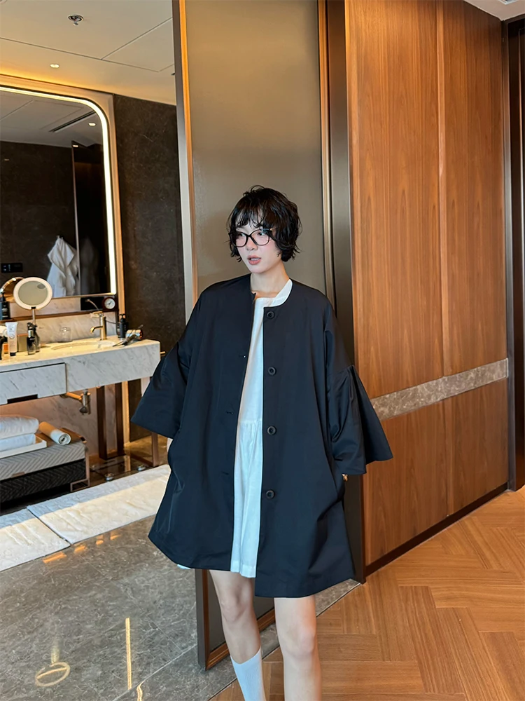 

Buue Summer 2025 Women's Loose Fit Single Button ort Coat Casual Commute Sle Polyester Fiber round Ne Long Sve