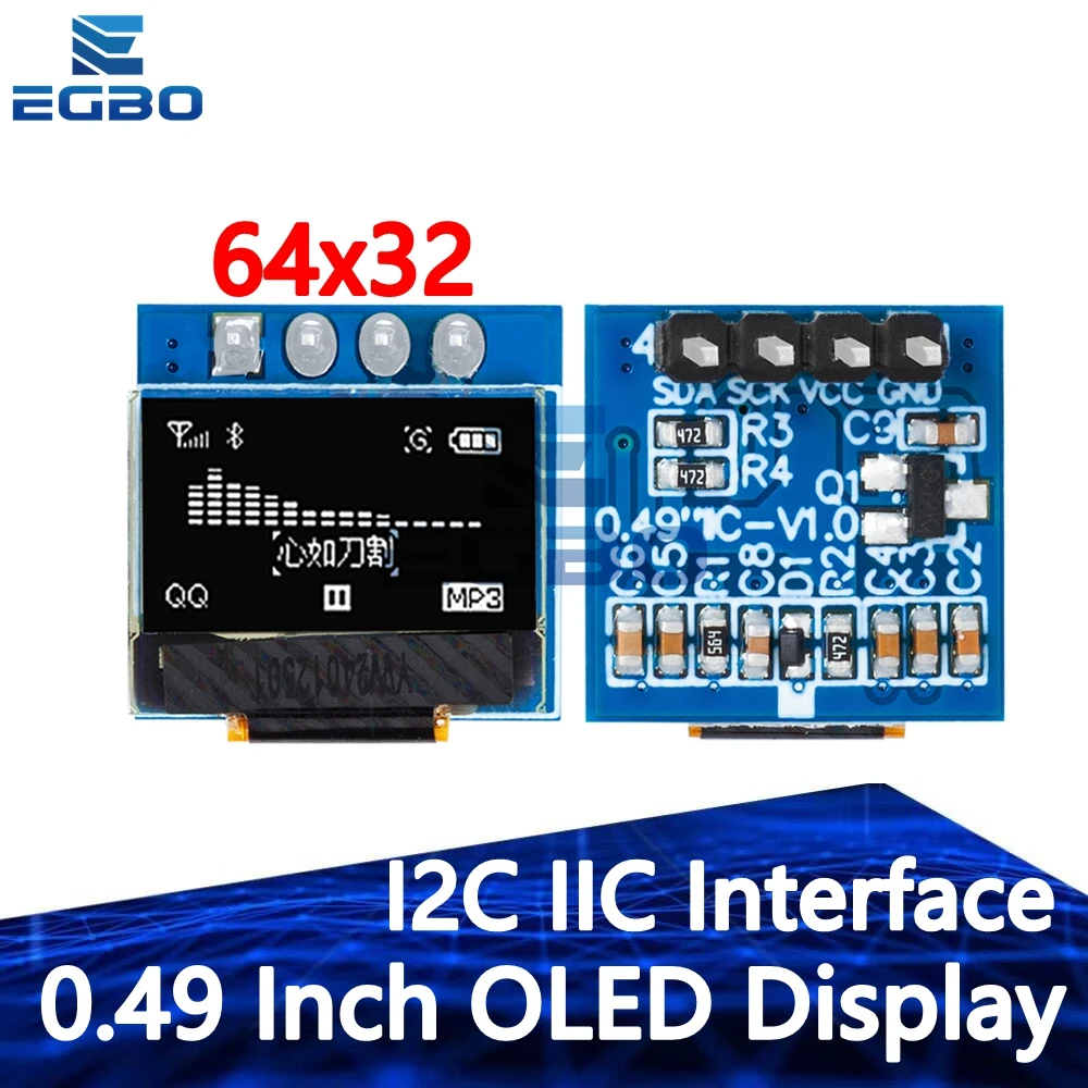 

0.49 Inch OLED Display Module - Ideal for Arduino, AVR & STM32. 64x32 Resolution, I2C/IIC Interface with SSD1306 Driver