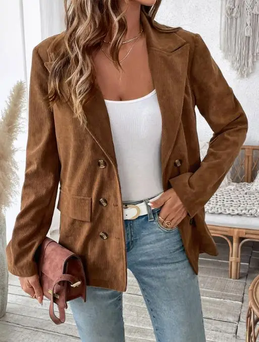 2025 Retro Commuting Casual Corduroy Suit Jacket, Autumn and Winter New Style, Lapel Double Row Buckle Commuting Suit Jacket