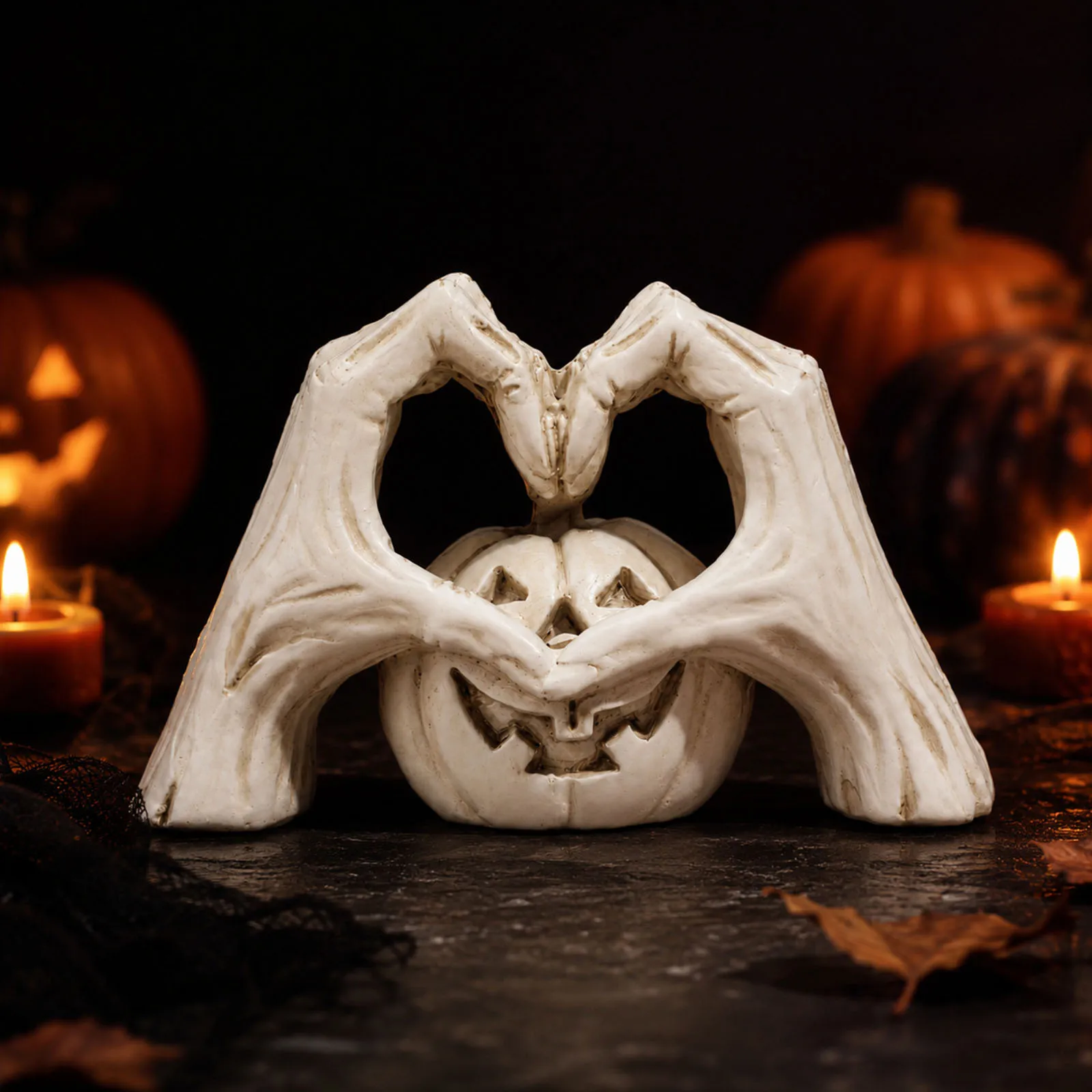 Heart Finger Pumpkin Statue Halloween Desktop Decoration Pumpkin Skeleton Statue Love Ornaments for Home Office Garden