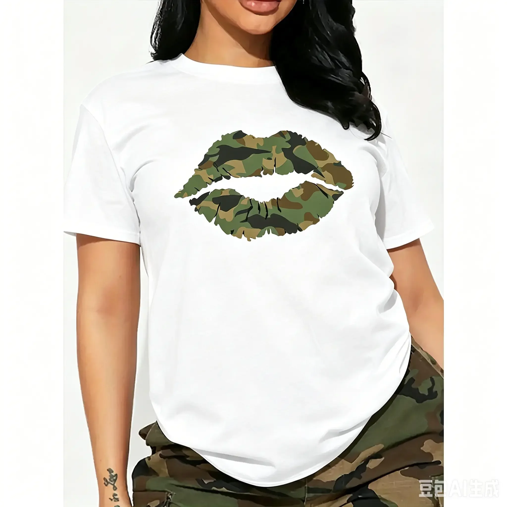 Women's Pink Camo Lip Print T-shirt - Short sleeve crew neck casual top, machine washable spring/ summer, casual top | Fashion graphic T-shirt