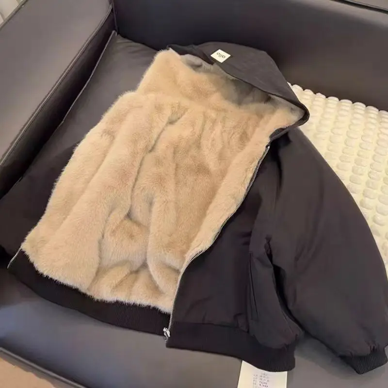 

Children's Double-Sided Plush Thick Hooded Jacket Autumn Winter Fashion Boys Girls Stylish Fur Coat Warm Stylish Kids Outerwear