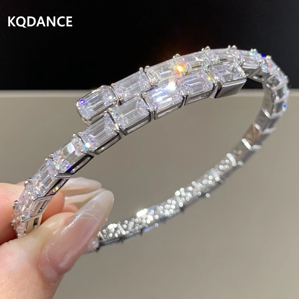 KQDANCE Elastic Solid 925 Silver Ascher Cut White High Carbon Diamond Gemstone Cuff Bracelets Bracelets Fine Jewelry Men Women