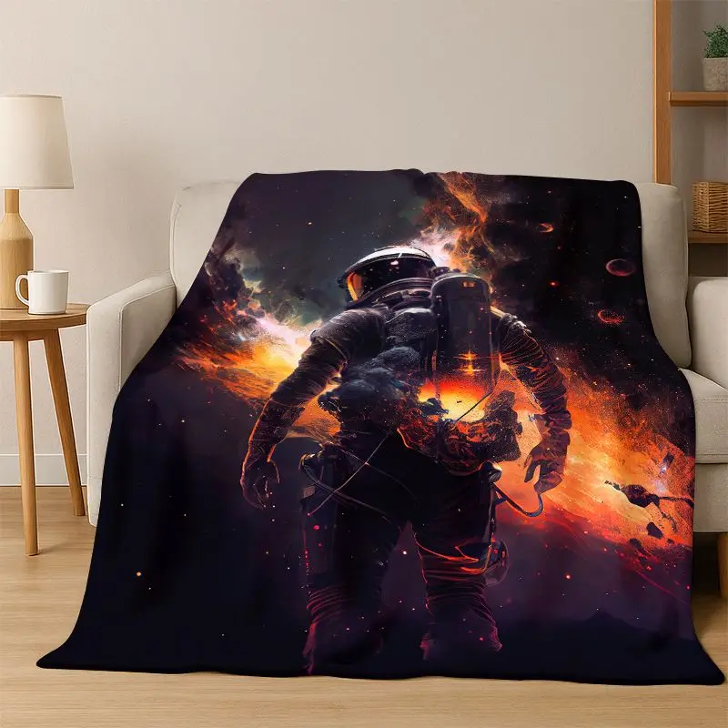 Cartoon Astronaut Universe Spaceman Outer Space Flannel Blanket Soft Warm Throw Blanket for Bedroom Living Room Bed Travel