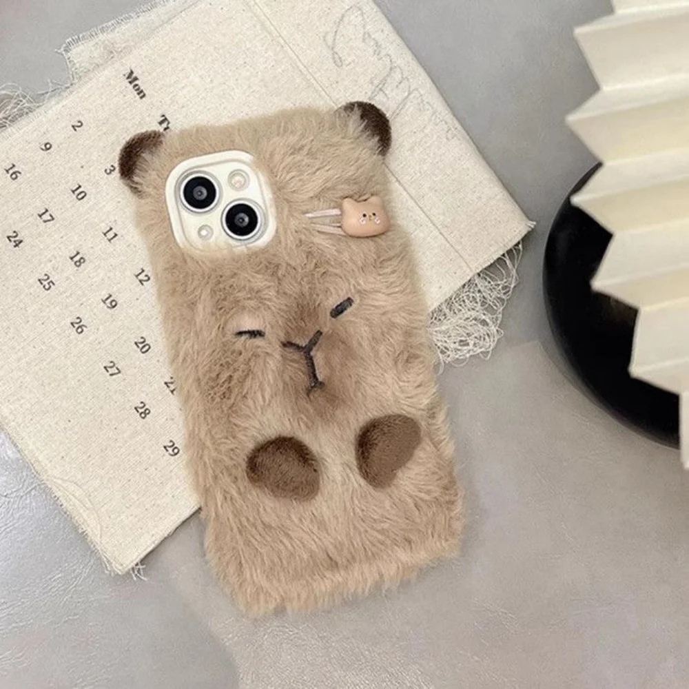 Luksusowe etui na telefon z puszystym futrem kapibary, ochrona dla iPhone 17 Air 16 Pro Max 15 14 13 12 11, urocza pluszowa aksamitna obudowa