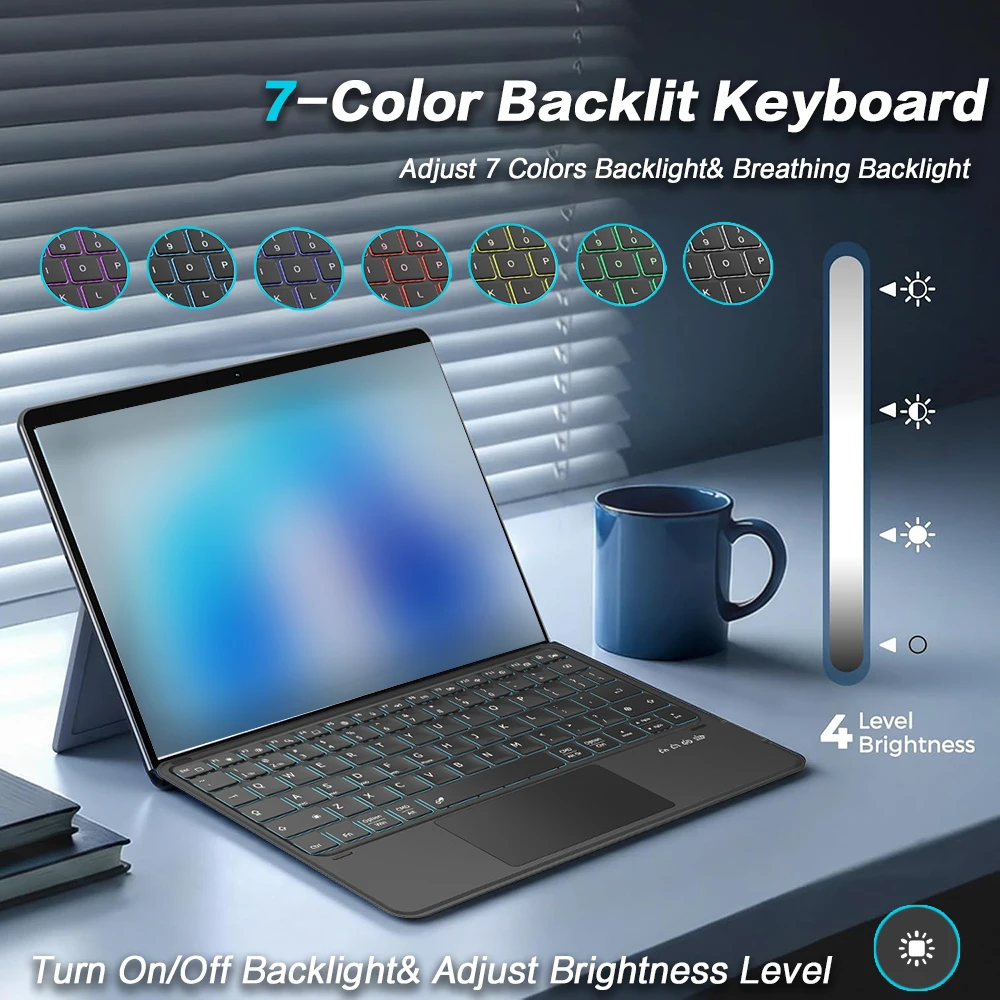JOMAA Backlit Bluetooth Keyboard with Touchpad Tablet Stand Rechargeable Wireless Keyboard Case for any Size iPad Tablet Phone