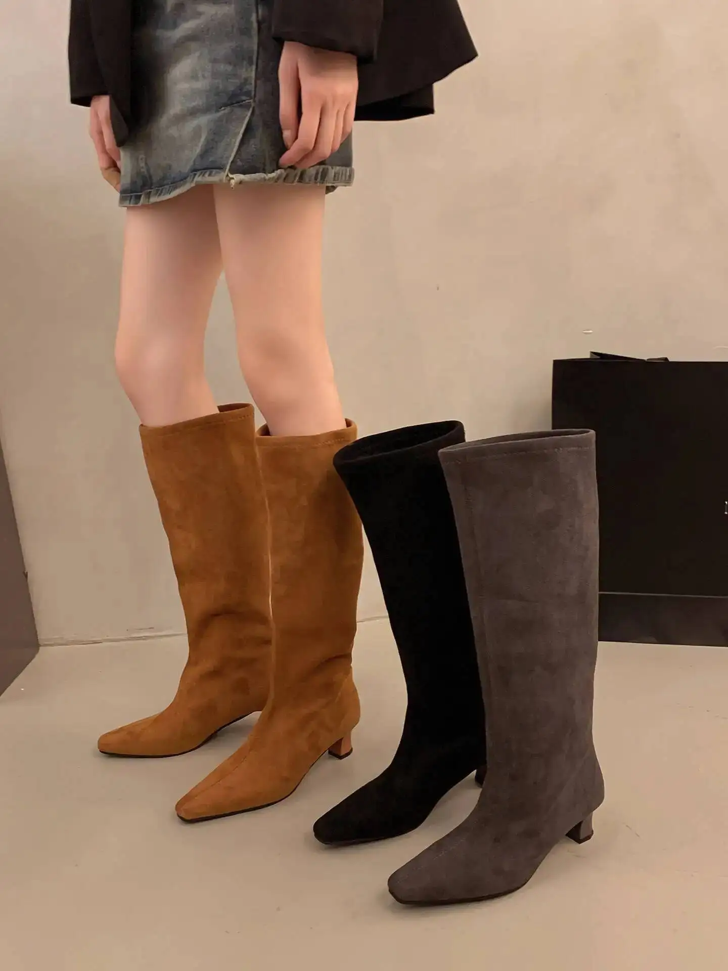 

Women Calf Boots 2025 Autumn Winter New Women's Knee High Boots Square Toe Chunky High Heel Slim Fit Straight Riding Boots