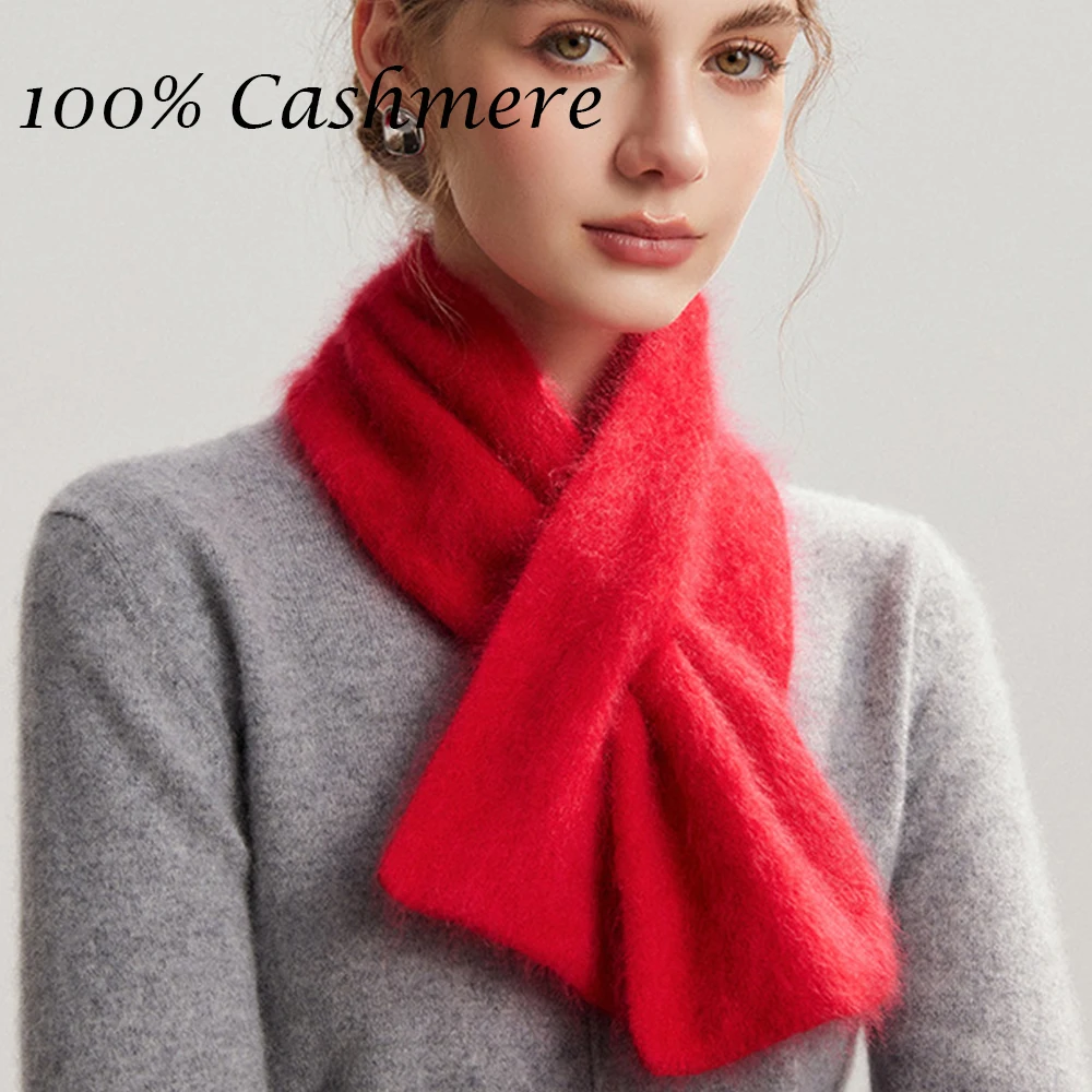 Luxury Cashmere Thicken Cross Collar Scarf 100% Cashmere  Solid Color Furry Scarf Short Neck Warmer Cold Proof Scarves for Women