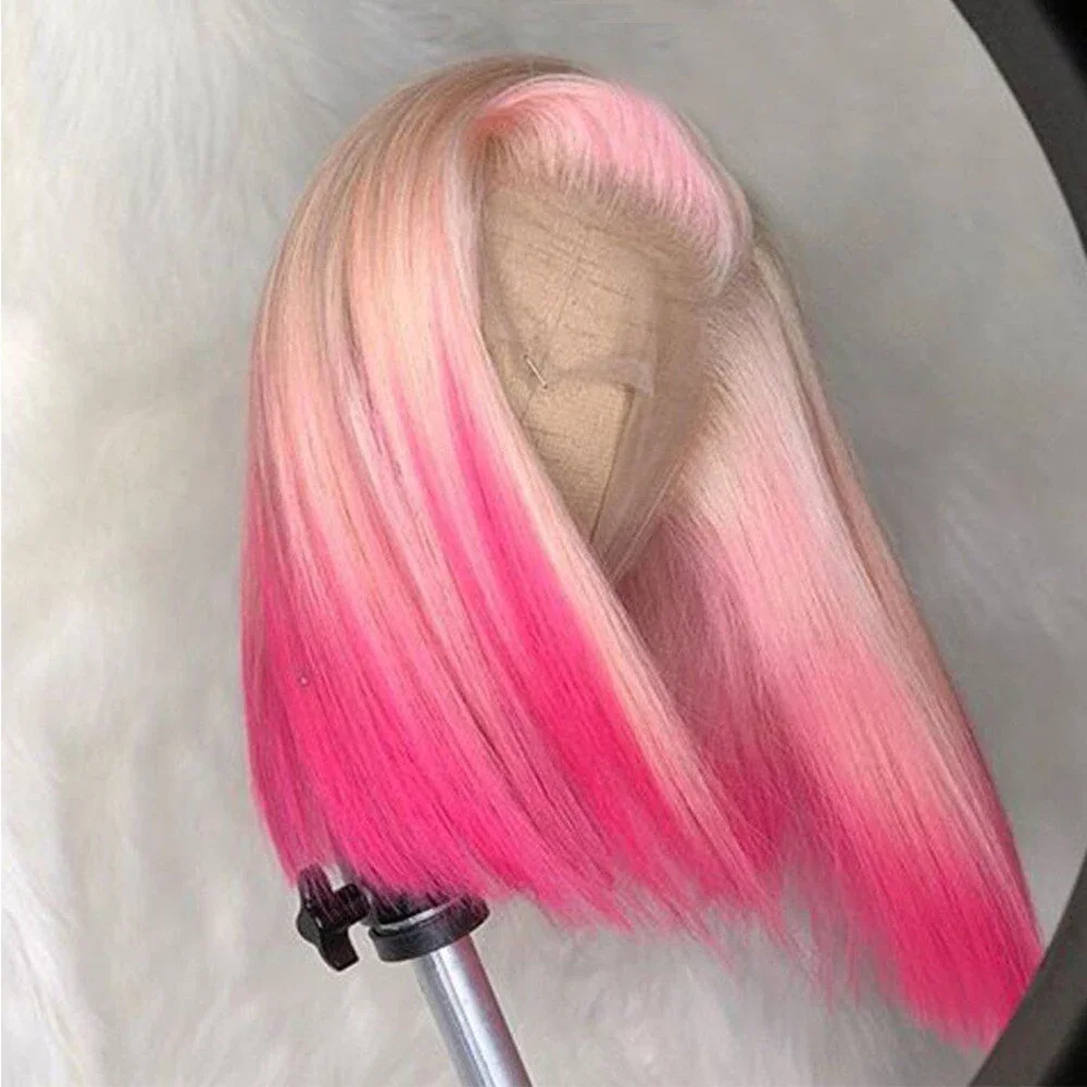 

613 Розовый Прямой Короткий Боб Высокое Качество Прозрачный 13x4 Кружева Фронтальный Парик Косплей Бразильский Цветной Парик Человеческих Волос Плотность 180