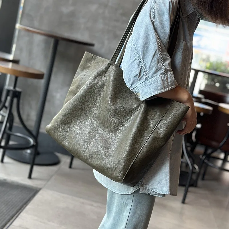 Johnature 2024 New Autumn Winter Large Bag Shopping Bag Genuine Leather Casual Simple Solid Color Lightweight Women Tote Bag