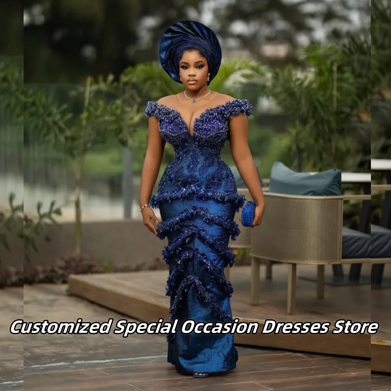 

Dark Blue Beaded Applique Tiered Crystal Evening Dress For Women Long Mermaid Prom Dresses Wedding Party Gowns Asoebi Customized