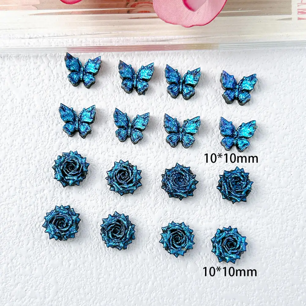30 Stück Leuchtende Kreative Weiche Schmetterling-Rosen-Harz-Nagelcharms 3D Tiefblaue Feine Funkelnde Blumen-Nagelkunst-Dekorationen DIY Nägel – Detail 2