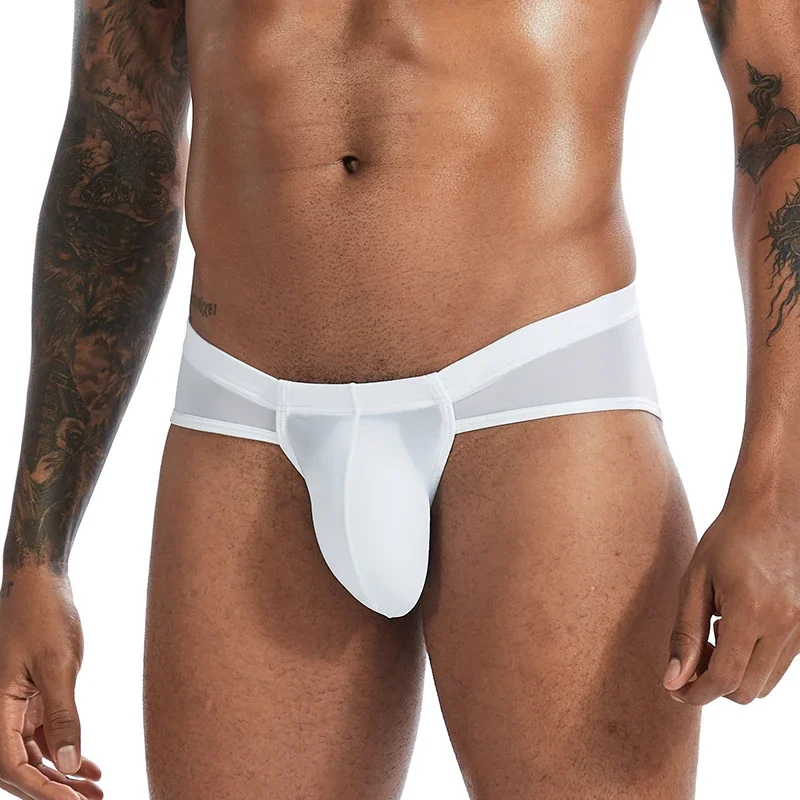 Hot Men Sexy Briefs Low Rise Ice Silk Bulge Pouch Underwear Ultra Thin Breathable Solid Color Bikini Panties Seamless Quick Dry