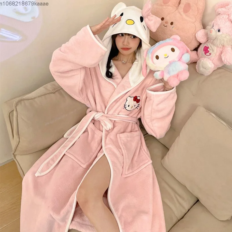 Sanrio Hello Kitty Women Winter Flannel Nightgown New Cute Cartoon Thick Hooded Warm Home Suit Set Korean Style Sweet Night-robe